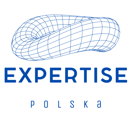 Logo Expertise Polska przedstawiające trójwymiarowy model przypominający kształt wstęgi Möbiusa w kolorze niebieskim, z nazwą 'Expertise Polska' poniżej.
