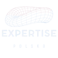 Logo Expertise Polska przedstawiające trójwymiarowy model przypominający kształt wstęgi Möbiusa w kolorze niebieskim, z nazwą 'Expertise Polska' poniżej.